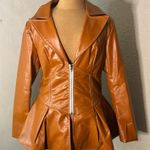 Pressed Brown Zip Up Peplum PU Jacket Swing Coat XL Boho Indie Rocker Glam Retro Photo 0