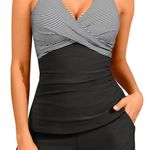 Black Stripe Tankini Swimsuit with Shorts has Pockets Size Med/Large NWT #6013 Photo 0