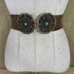 Vintage Brown Suede Leather Belt With Brass & Turquoise Buckle S Photo 0