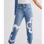 NEW Levi's 501 Crop Paint by Number Flower Wavy Lined Straight Jeans 28 x 26” Blue Photo 2