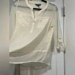 EXPRESS Sheer Ivory 3/4 Sleeve Pearl Button Collarless Popover Shirt Size XS Photo 1