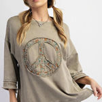 easel  Tan Mineral Washed Terry Floral Peace Top - Size - Medium Photo 0