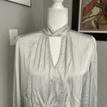 Joie  Silver Long Sleeve Key Hole Blouse High neck Size Medium Satin Photo 1