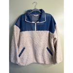 Haptics Good Vibes Denim & Ivory Patchwork Sherpa Half Zip pullover, size large Blue Photo 1