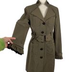 BLANC NOIR Belted Tailored Office Siren Trench Coat Ruffle Cuffs Medium Green Photo 2