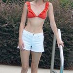 Coral Bikini Top Padded Ruffle Back Bra Clasp Spaghetti Strap Women’s Swimwear Red Photo 2