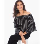 Chico's Womens Black & White Striped Off The Shoulder Ruffle Sleeve Top Sz 0 (S) Photo 1