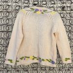 Vintage 60s embroidered floral 3D wool knit cardigan sweater cream purple green Size M Photo 3