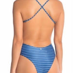 Rip Curl blue stripe plunge neck cheeky swimsuit. New Photo 0