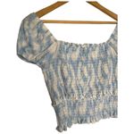 Lush Clothing New Lush Womens Size Medium Cropped Top Smocked Cap Puff Sleeve White Blue Swirl Photo 8