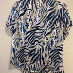 Naomi Womens Sheer Button Down Blouse XL 42” Blue White Print Ruffles Beach Photo 7