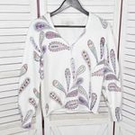 Loft  Paisley Raglan V Neck Pullover Sweater White Purple Petite Small Photo 6