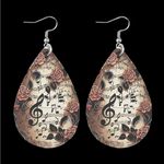 Musical Note Rose Flower Pattern Teardrop Dangle Earrings Faux‎ Leather Brown Photo 2