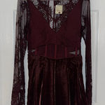 Free People Marlie Lace Mini Dress Velvet Sheer Garnet Bell Sleeve Small NEW Photo 0