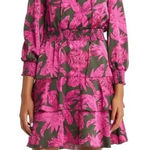 Sam Edelman  Green/Pink Tropical Leaf Print Tie Neck Ruffle Tiered Dress Size S Photo 0