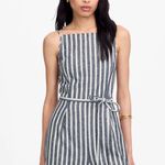 Madewell Pleated Wide Leg Jumpsuit Pinstripe Linen Navy White Resort US 00 NWT Photo 1