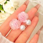 Cute Pink Rose Flower Stud Earrings with Pearlescent Bead Alloy‎ Crafted Floral Photo 0
