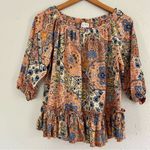 MELLODAY 🦋  Off the Shoulder Orange Yellow Paisley Mid Sleeve Boho Blouse Medium Photo 0