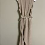 ZARA  Jumpsuit Size Medium Poly Linen Blend Tan One Piece Belted Deep V Neck Photo 3