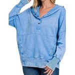Zenana Outfitters NWT Half Snap Long Sleeve Pocket Hoodie In Washed Blue Photo 0