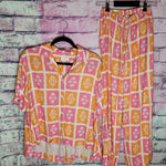 PIYAMA COLORFUL IKAT PRINT PINK ORANGE PAJAMA TOP AND PANTS SET XS Photo 0