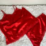Delicates Red Satin Sleep Set  Lace Trimmed Sz Large Pajamas Photo 2