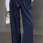 Pinstripe Pleated Wide Leg Dress Pants Navy Color Size L Photo 0