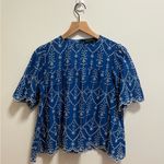 ZARA  Royal Blue boho Embroidered Puff Sleeve Top Scalloped Hem blouse cotton S Photo 1