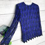 Vintage Stenay Silk Beaded Royal Blue & Black Long Sleeve Blouse Size XS Petite Photo 2