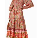 Farm Rio  Macaw Flight Smocked Cotton Long Sleeve Midi Dress Pink Red Small Photo 0