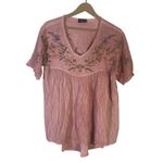 VICI Embroidered Crinkle Babydoll Top Womens M Pink Floral Peasant Cottagecore Photo 1