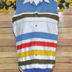 Vintage 90's Small Kikomo Denim Striped Shirt Sleeveless Button Leather Trim Top White Photo 0