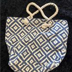 Blue and White Geometric Canvas Tote with Rope Handles Photo 1