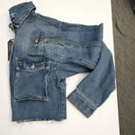 Love Tree Denim Jacket Cropped Cargo Pocket Raw Hem Blue Distressed Light Blue Jean Denim Photo 7