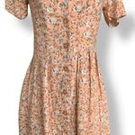Vintage 90s Peach Floral Mini Dress Rayon Button Front Short Sleeve Scoopneck Orange Photo 2