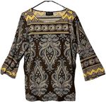 Bob Mackie Top Womens Size L Yellow Brown Pullover Tunic Wearable Art Boho Hippi Photo 0