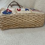 Patriotic Fourth Of July USA Flag Straw Tote Bag Leather‎ Handles Beach Coastal Tan Photo 2