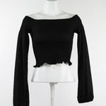 Bershka Black Shirred square neck lettuce hem crop XS Photo 0