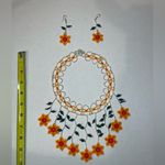 Handmade Floral Beaded Necklace and Earring Set. Red Photo 2