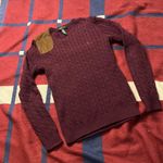 Ralph Lauren Lauren  Burgundy cable knit sweater suede like brown shoulder patch Photo 0