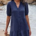 Garnet Hill NWT Royal Blue Organic Cotton Tiered Mini Dress Size Medium Button Photo 0