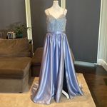 Women’s Full Length Lace Appliqué Satin Prom Party Dress with Leg Slit Size 12 Blue Photo 6