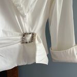XScape  by Joanna Chen White Faux Wrap Ruffle Blouse w/ Rhinestone Buckle 8 Photo 3