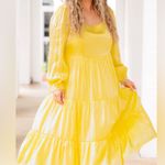 Chic Soul  yellow shiny crinkle 1X plus midi dress tiered pockets long sleeve Photo 0
