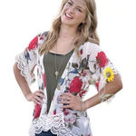 FLORAL AND LACE KIMONO CARDIGAN SHORT‎ SLEEVE FLOWY FEMININE WOMEN'S SIZE SMALL Red Photo 0