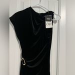 ZARA Festive Days Black Velvet Draped Midi Dress with Gold Buckle Detail Photo 3