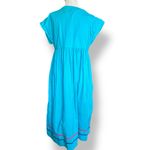 Vintage 90s Embroidered Turquoise Blue Pink Floral Folk Art Cotton Midi Dress Photo 6