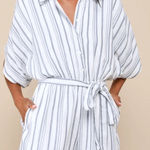 Lulus NWT Medium Sun-Drenched Sweetie White and Blue Striped Button-Up Romper Photo 0