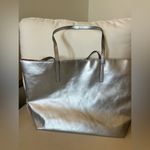 Clinique  Metallic Silver and Red Reversible Tote Handbag Photo 2