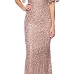 NWT Marina Round Neck Short Flutter Sleeve Sequin Lace Column Gown Wedding Guest Pink Size 8 Photo 2